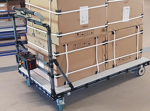 Prepravný vozík s elektricky poháňanými kolieskami